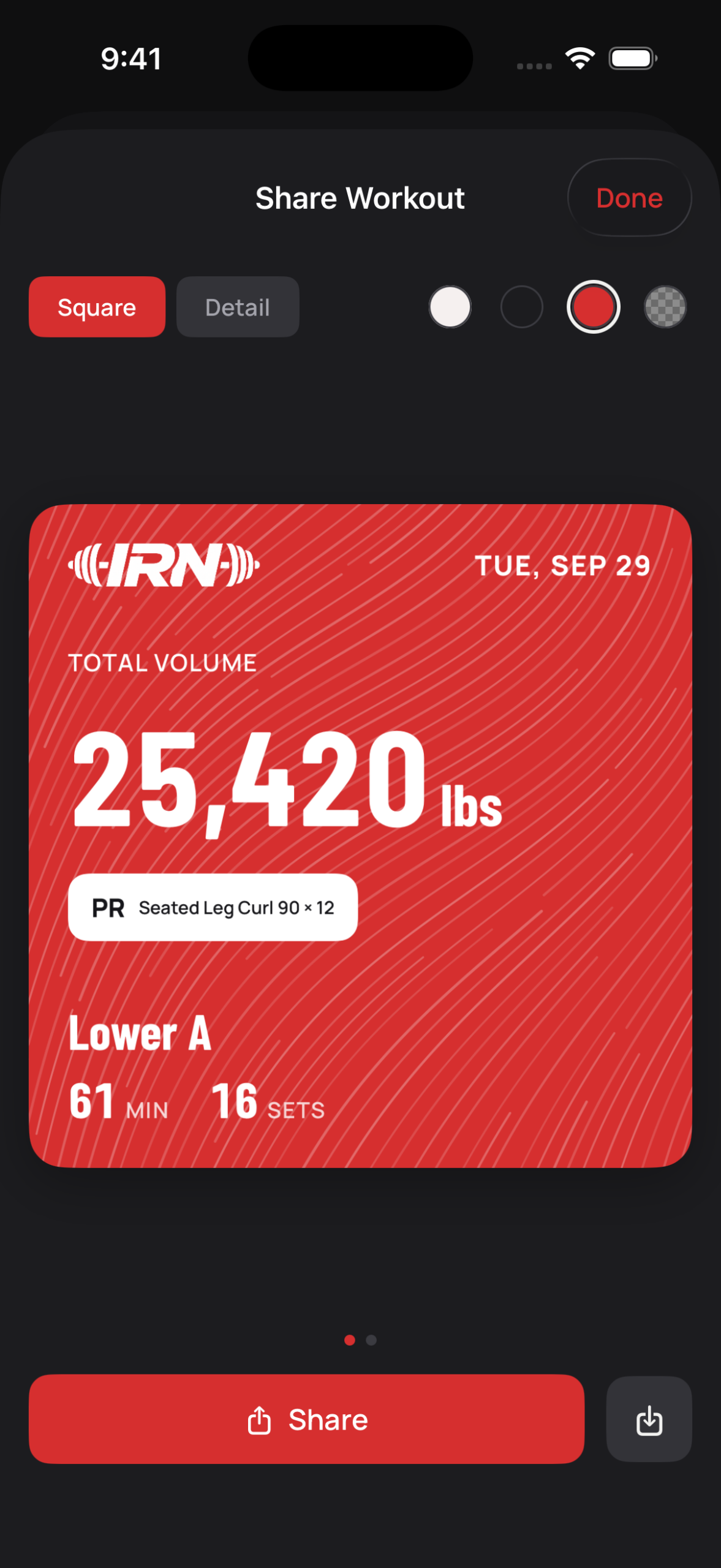 IRN share workout screen showing a red card with 25,420 lbs total volume and a leg curl PR