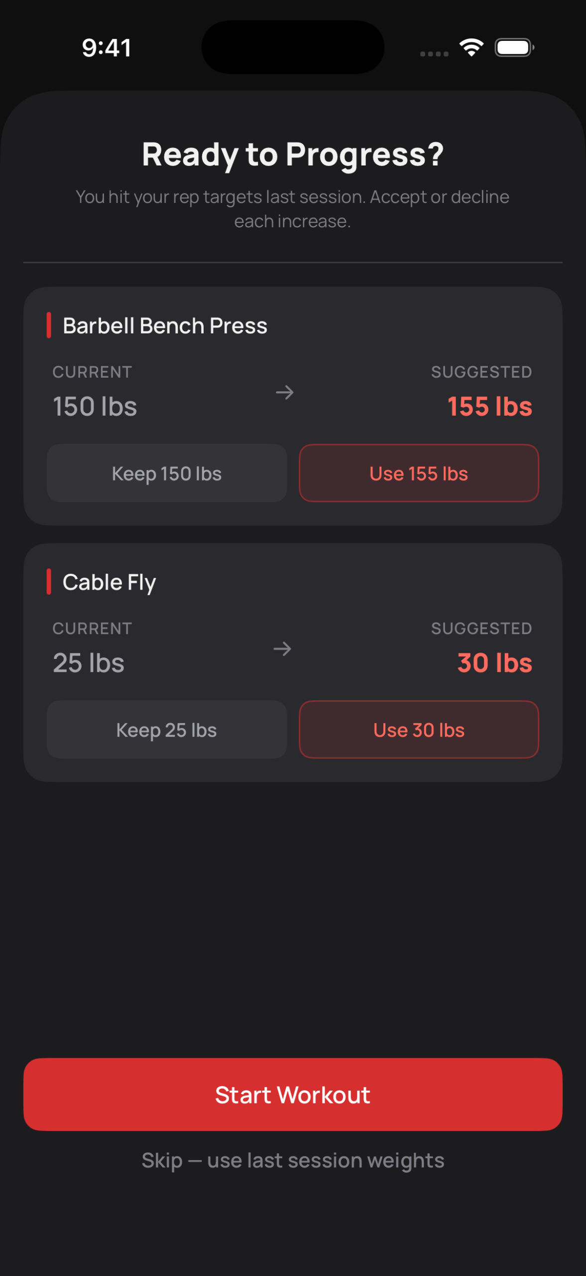 Ready to Progress prompt suggesting 155 lbs for bench press