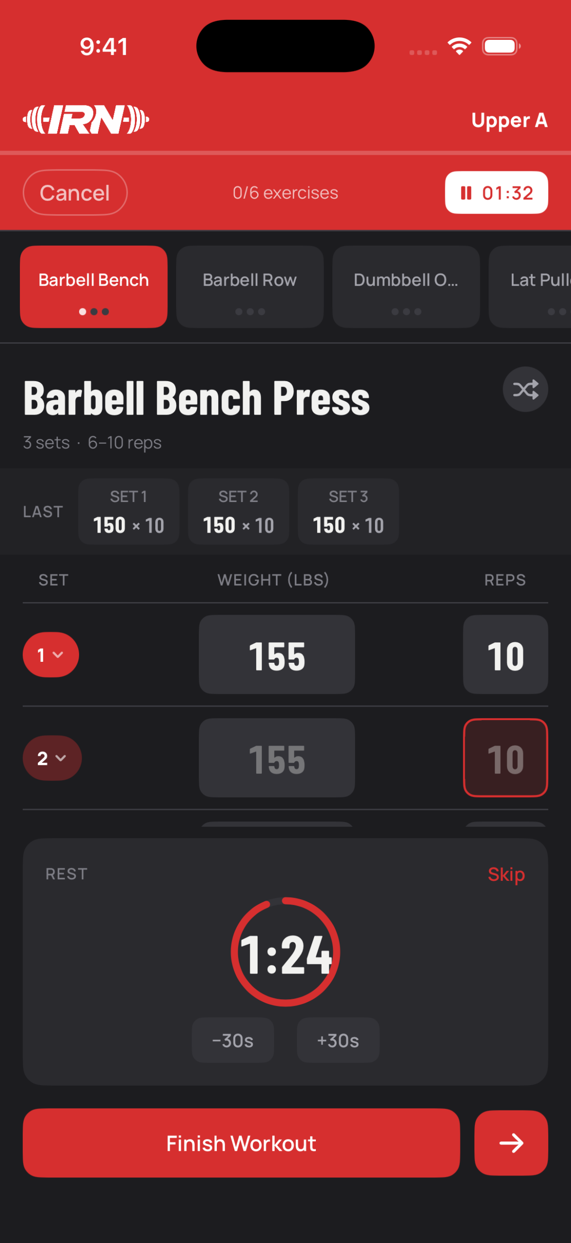 IRN active workout in dark mode with a rest timer