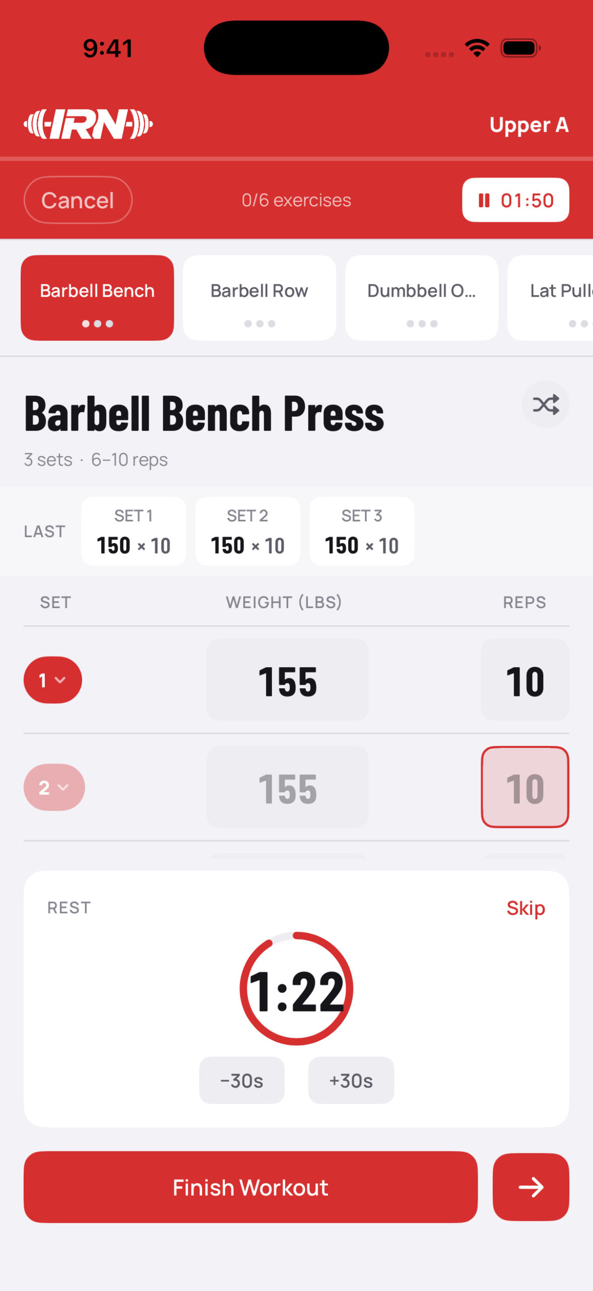 IRN active workout with set inputs and a rest timer